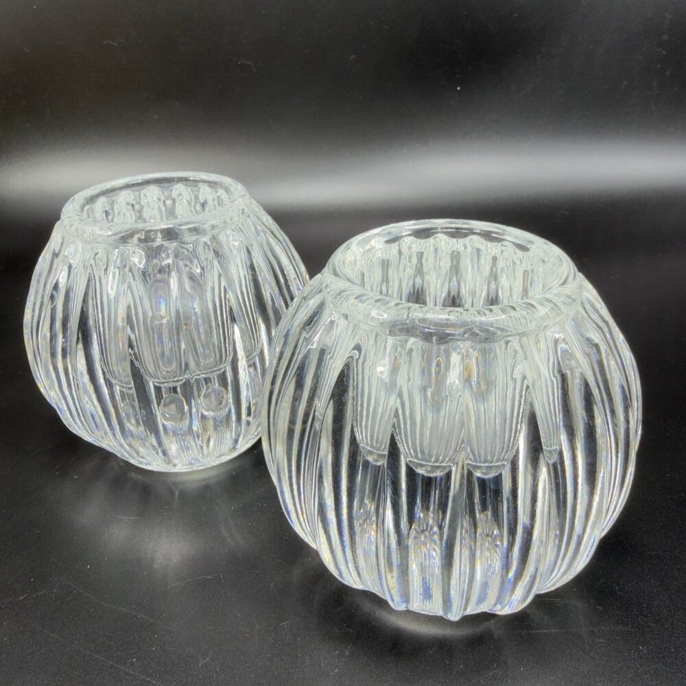 Block Heavy Clear Round Candle Stick Holder‎ Set 2 Double Sided Crystal Marked